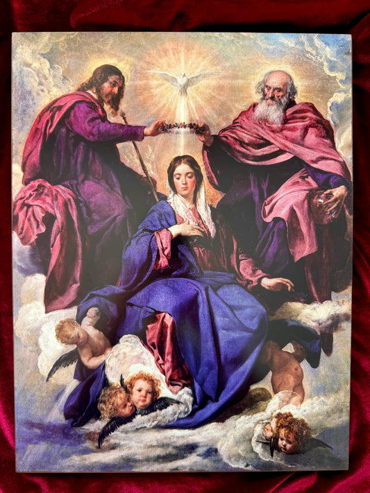 A religious painting depicting the Holy Trinity with angels and Mother of God