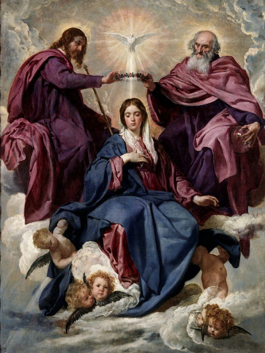 Coronation of the Virgin – Diego Velázquez, Museo del Prado | Sacred Art Print of the Holy Trinity Crowning Mary, Queen of Heaven, for Catholic & Christian Prayer & Devotion