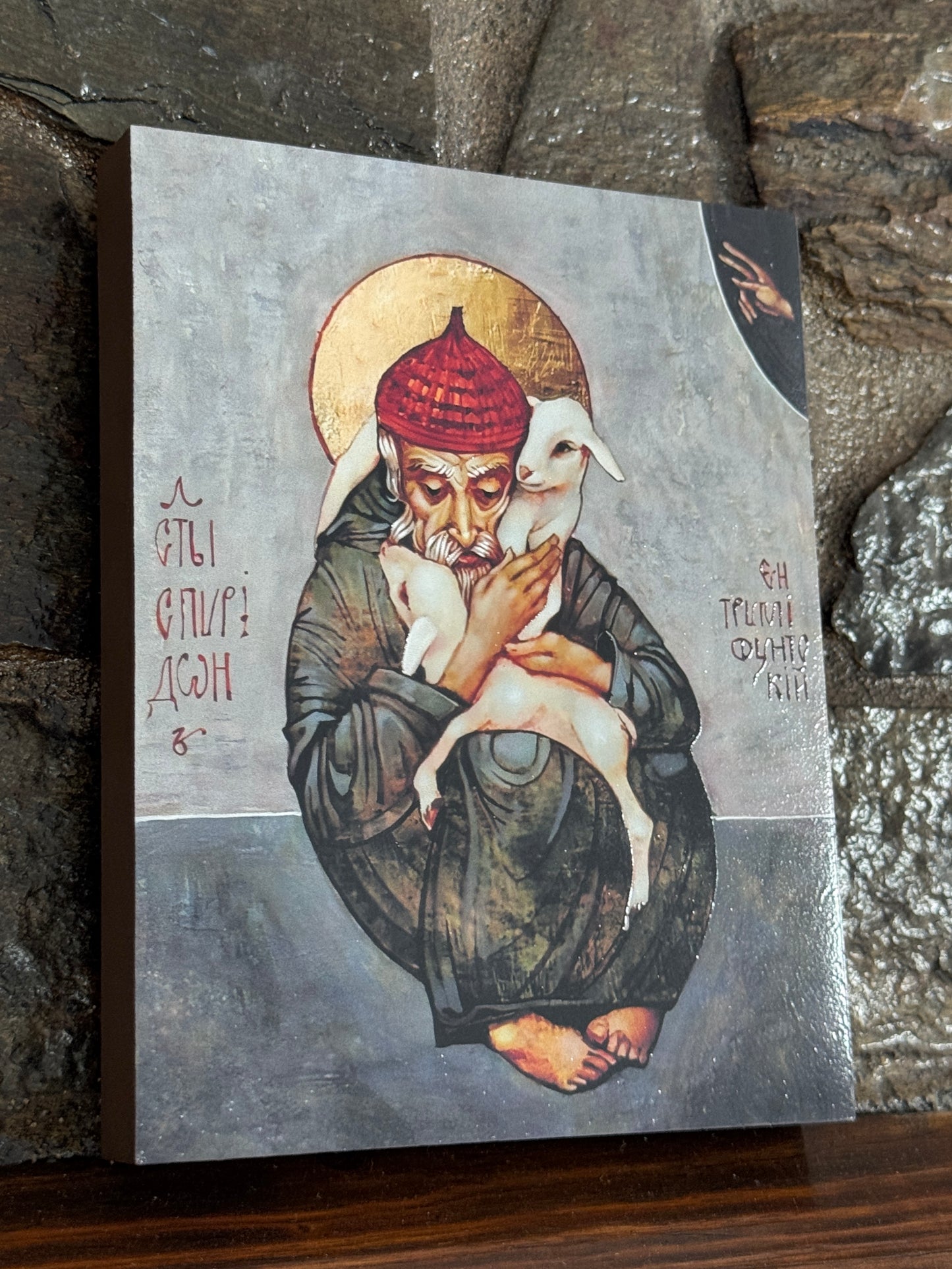 Saint Spyridon of Trimifunt with sheep. Wooden orthodox icon