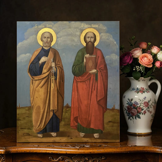 Orthodox icon of Apostles Peter blessing and Paul holding Gospel