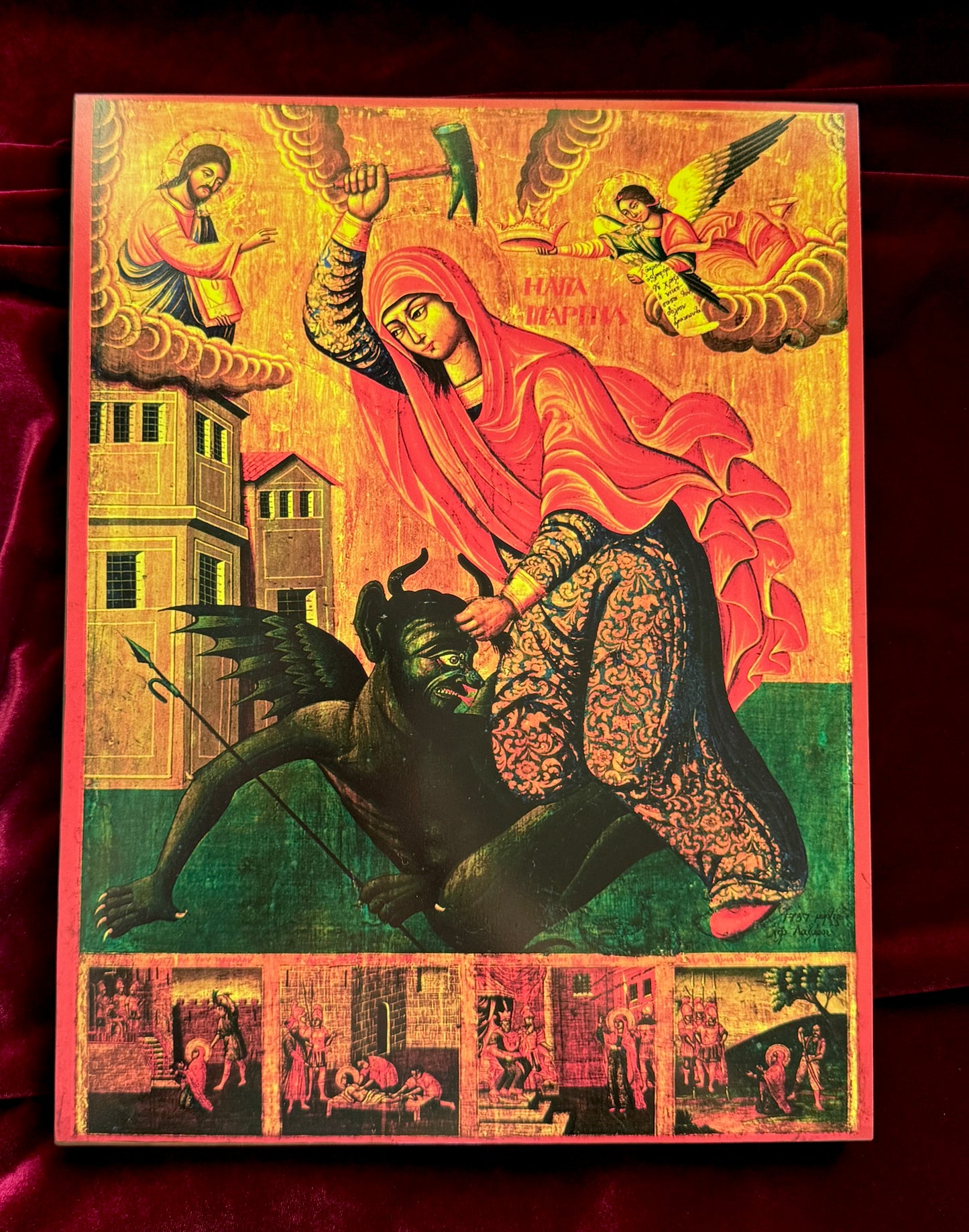 Saint Marina (Margaret) of Antioch "beating the devil", holy great martyr. Wooden orthodox Icon