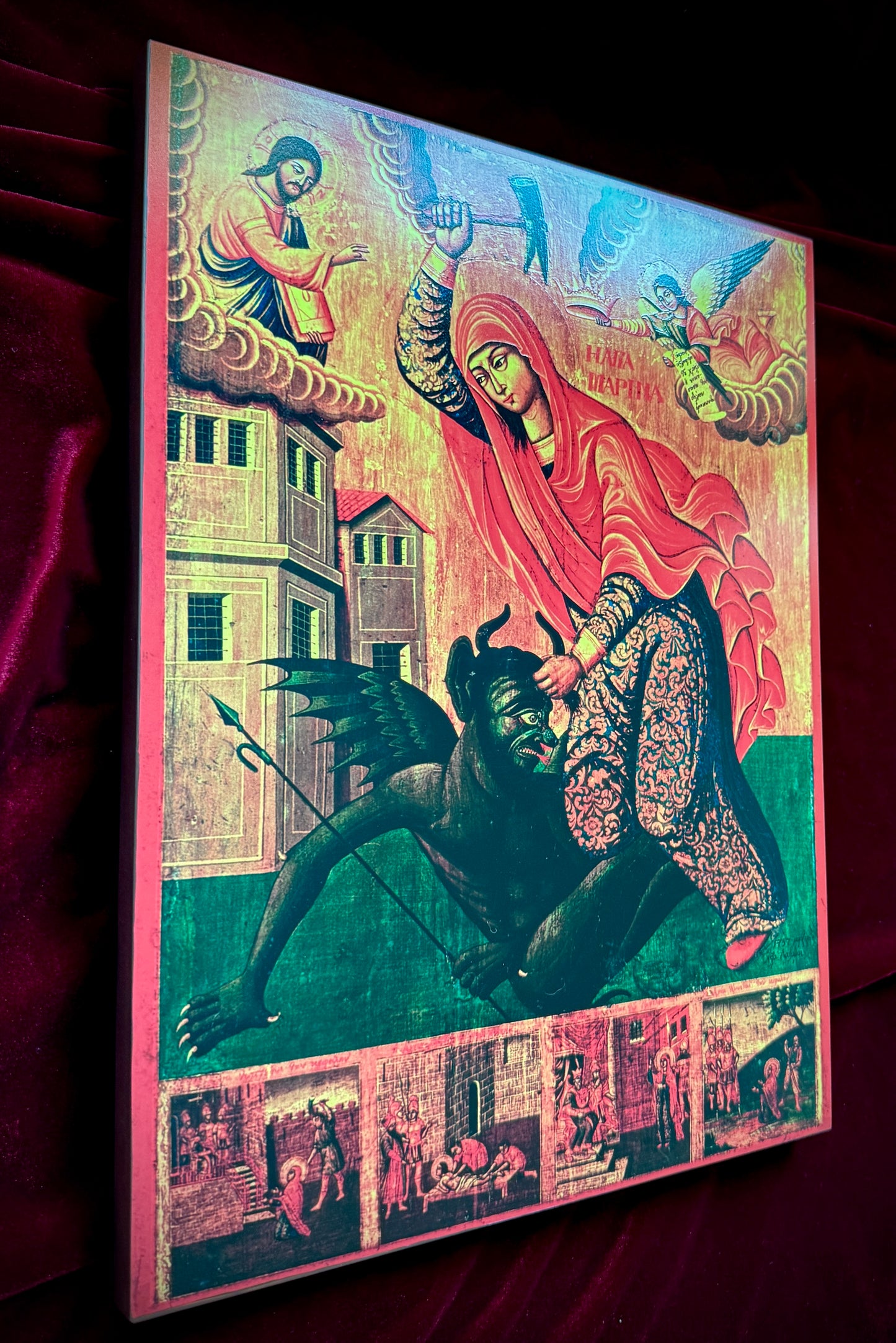 Saint Marina (Margaret) of Antioch "beating the devil", holy great martyr. Wooden orthodox Icon