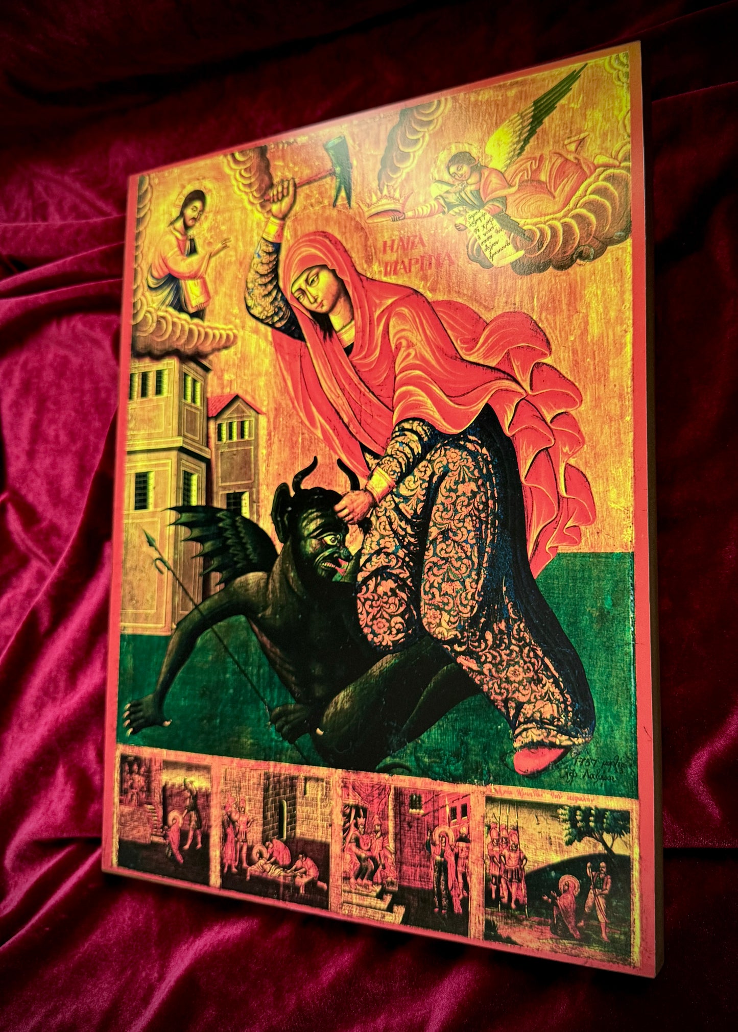 Saint Marina (Margaret) of Antioch "beating the devil", holy great martyr. Wooden orthodox Icon
