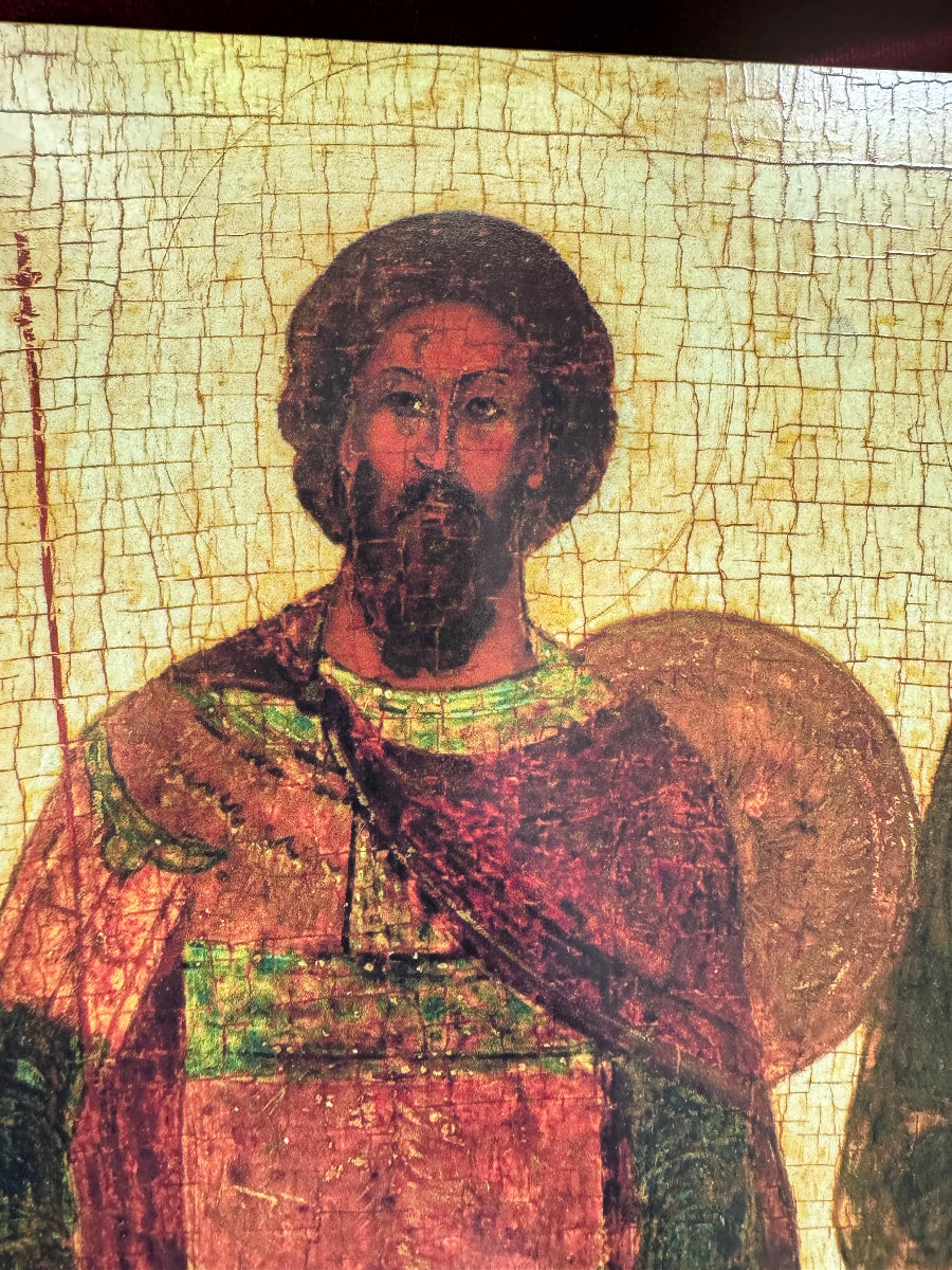Православная икона святых Феодора Стратилата, Флора и Лавра — деревянное настенное искусство