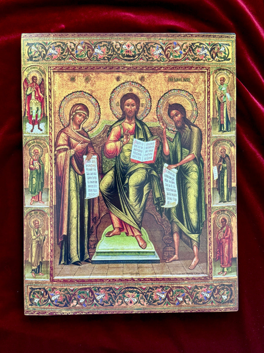 A traditional Eastern Orthodox icon of the Deesis, featuring a gold-leaf background and three haloed figures