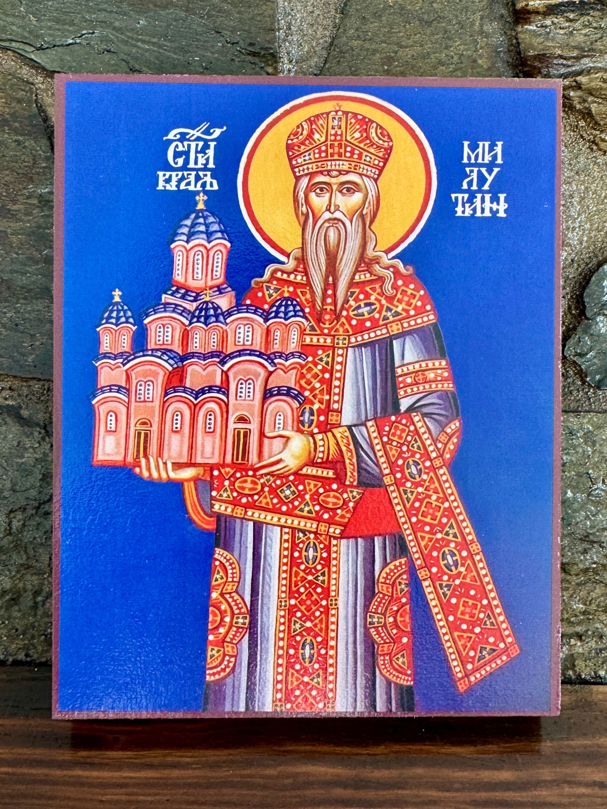 Saint Stefan Serbian King (Milutin). Wooden orthodox icon icons