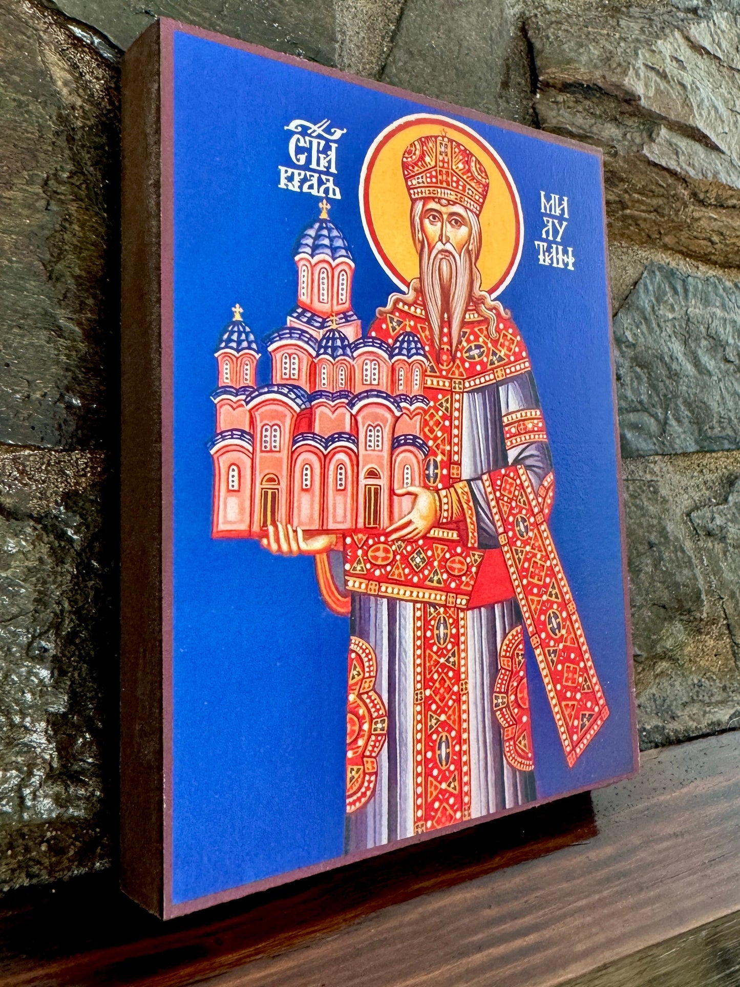 Saint Stefan Serbian King (Milutin). Wooden orthodox icon icons