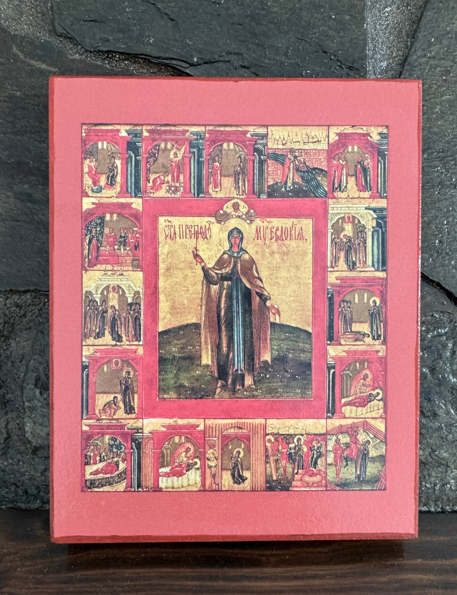 Saint Eudokia icon wooden religious wall art
Christian icon transformation repentance saint