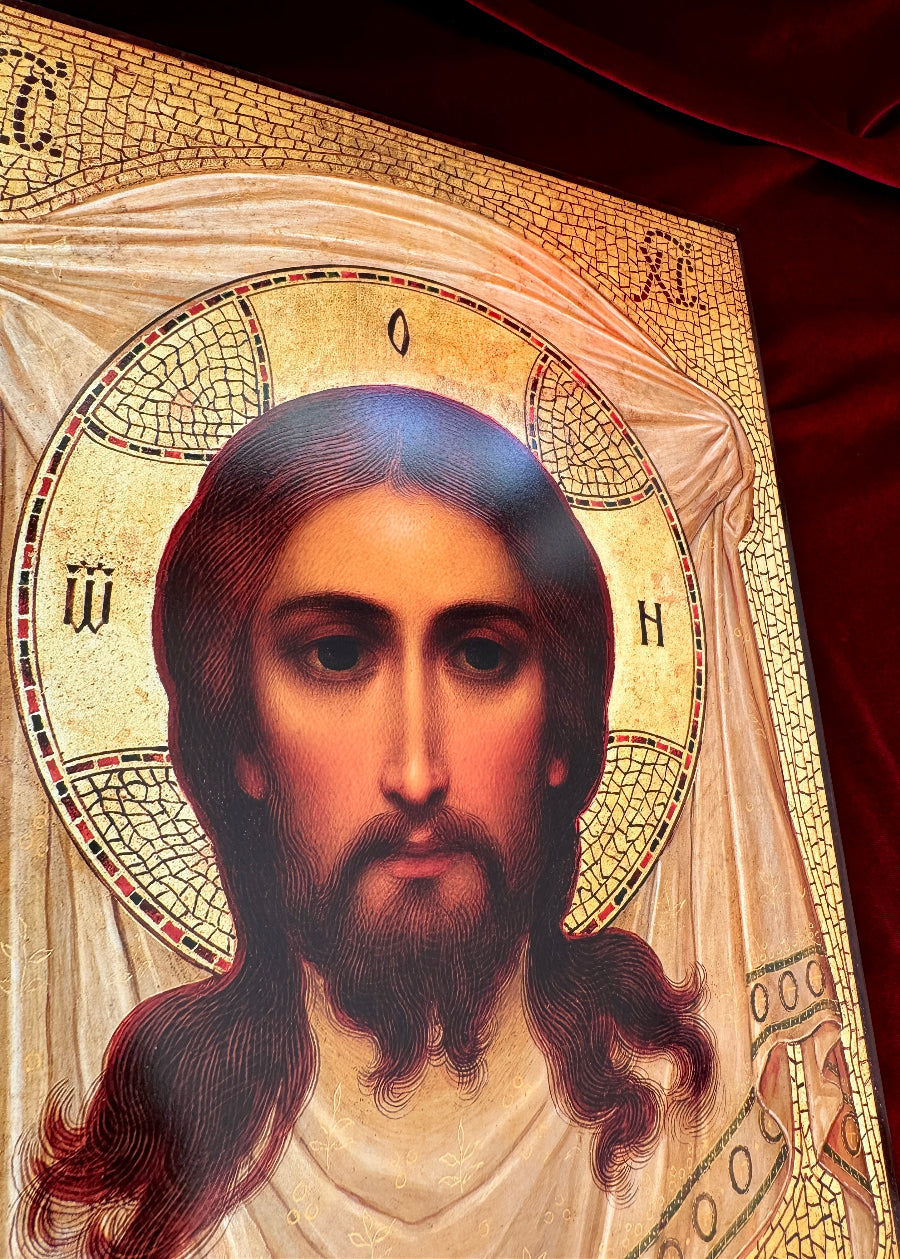 Lord Jesus Christ the Savior Not Made by Hands, Miraculous Mandylion. Ubrus. Wooden orthodox icon