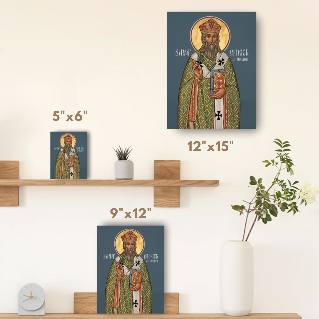Byzantine style icon of Saint Patrick with Gospel book