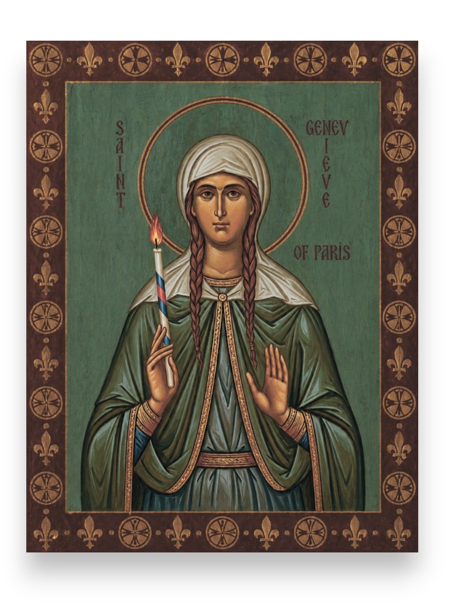Orthodox icon of Venerable Saint Genevieve of Paris consecrated virgin patron saint of Paris holding candle