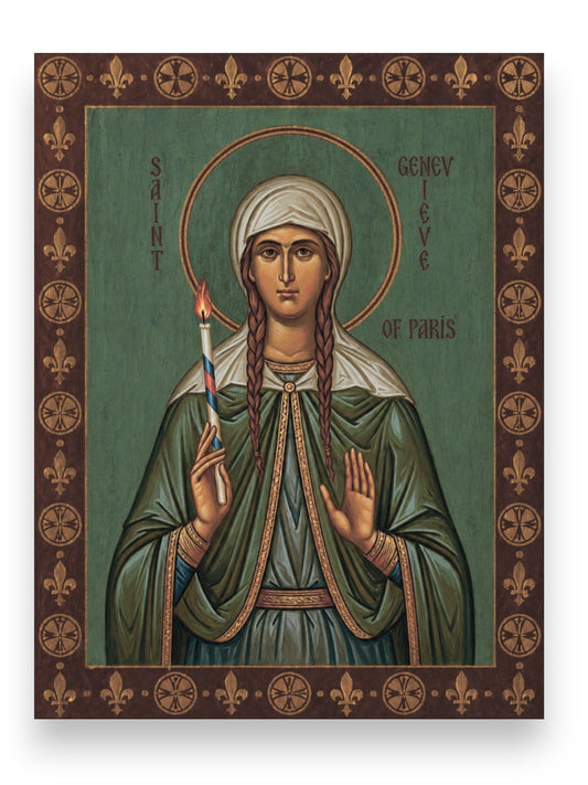 Orthodox icon of Venerable Saint Genevieve of Paris consecrated virgin patron saint of Paris holding candle