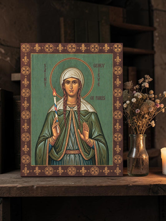 Orthodox icon Saint Genevieve of Paris Genovefa with nimbus halo traditional Byzantine iconographic style
