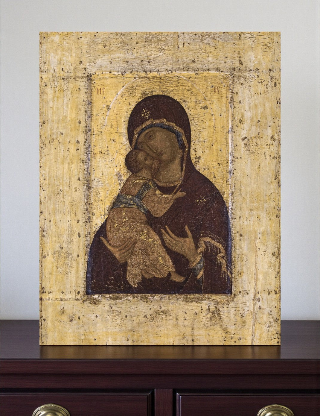 Mother of God Virgin Mary the Theotokos of Vladimir by Andrei Rublev. Wooden orthodox icon