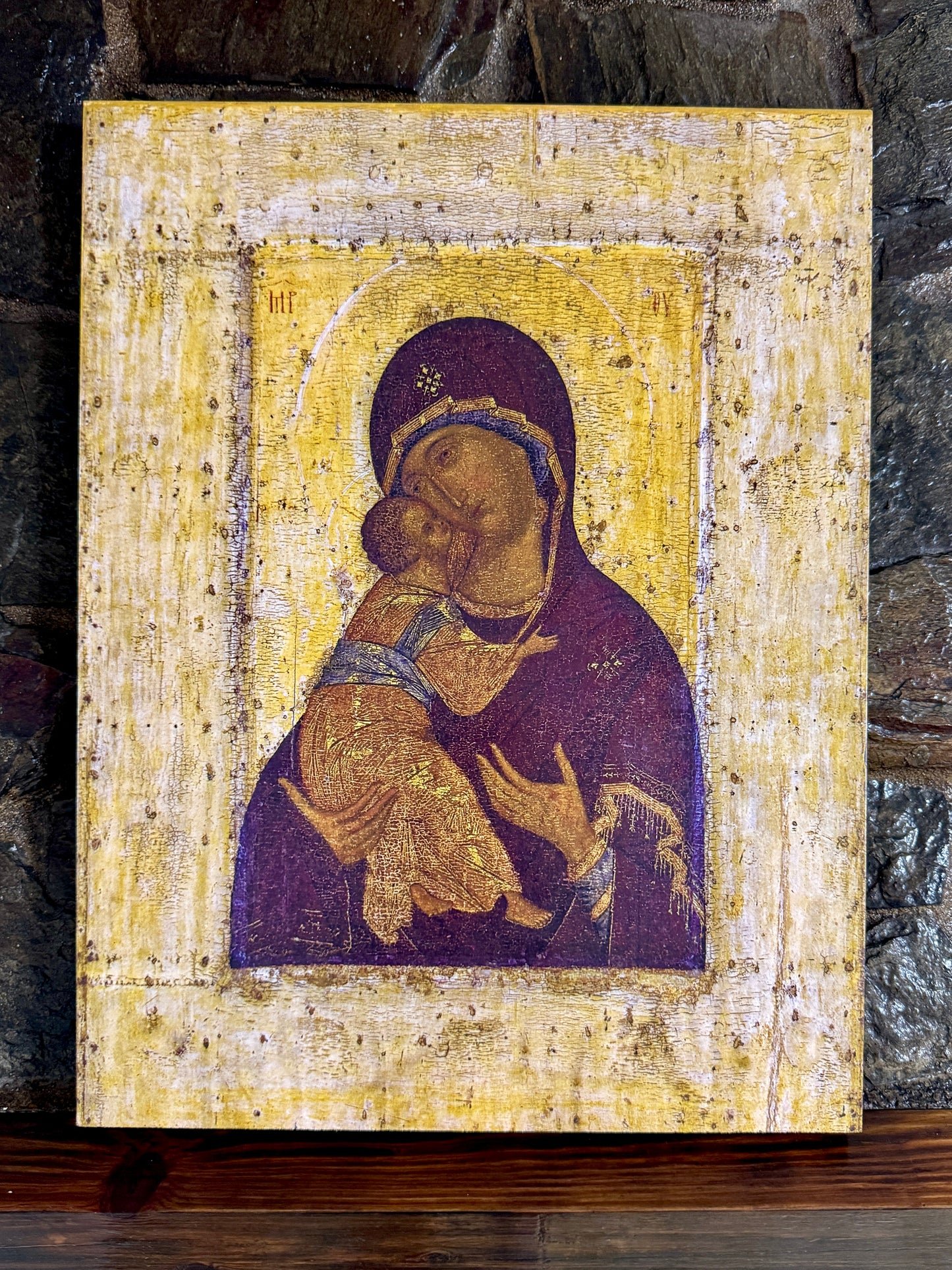 Mother of God Virgin Mary the Theotokos of Vladimir by Andrei Rublev. Wooden orthodox icon