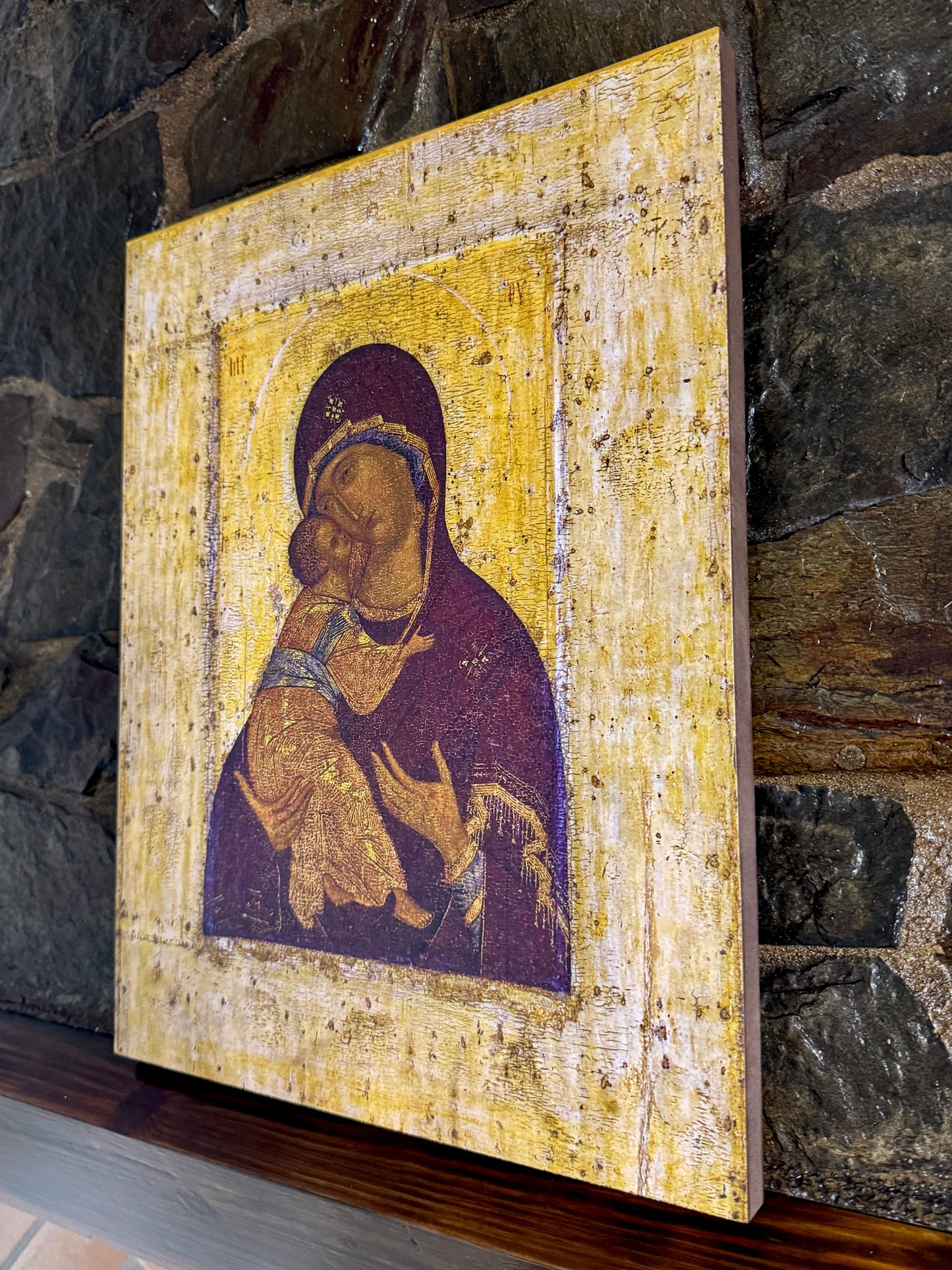 Mother of God Virgin Mary the Theotokos of Vladimir by Andrei Rublev. Wooden orthodox icon