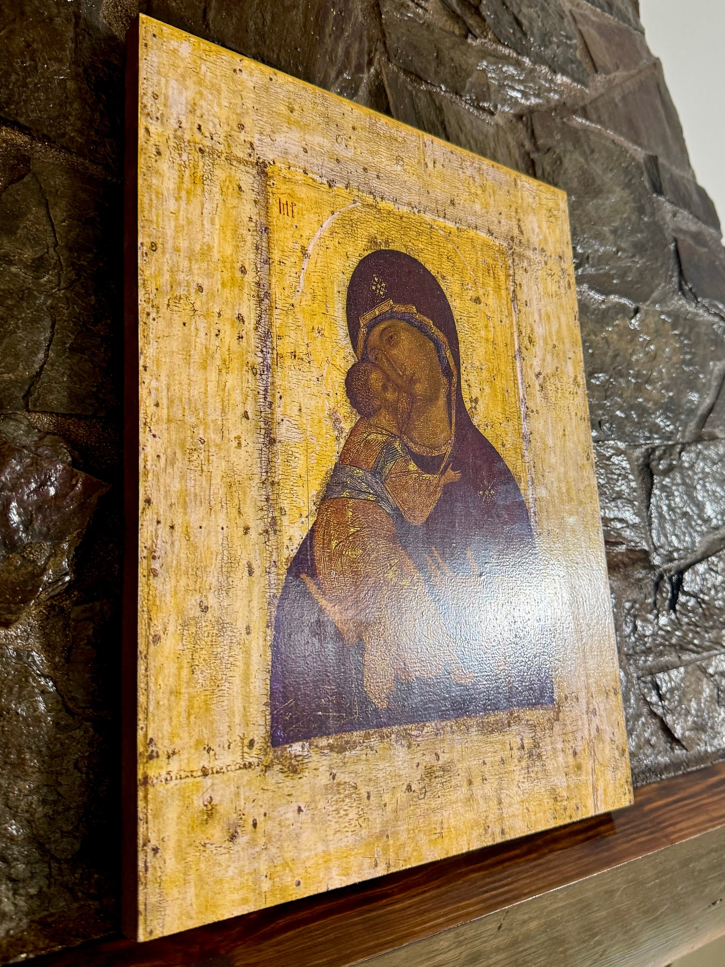 Mother of God Virgin Mary the Theotokos of Vladimir by Andrei Rublev. Wooden orthodox icon