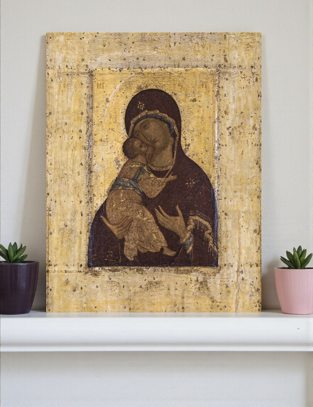 Mother of God Virgin Mary the Theotokos of Vladimir by Andrei Rublev. Wooden orthodox icon