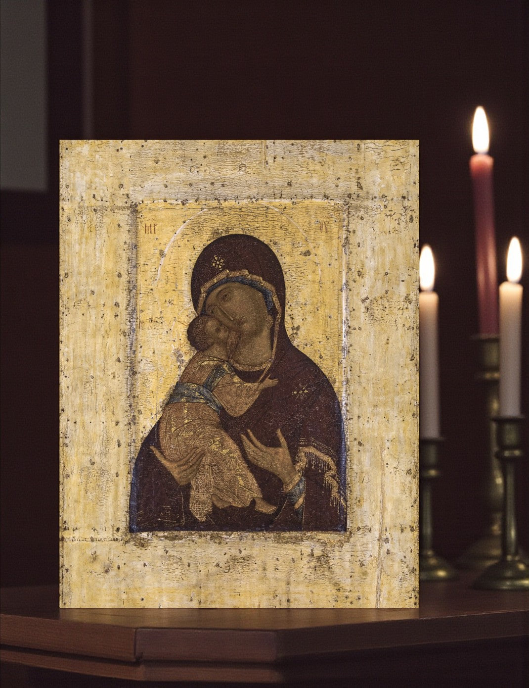 Mother of God Virgin Mary the Theotokos of Vladimir by Andrei Rublev. Wooden orthodox icon