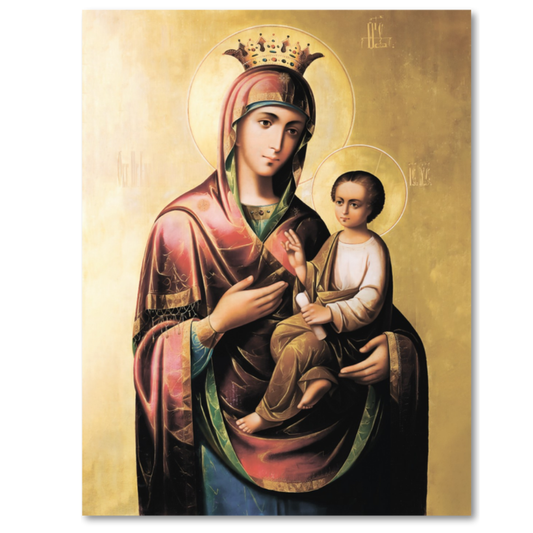 Orthodox icon of the Mother of God Quick to Hear with Christ Child on golden background