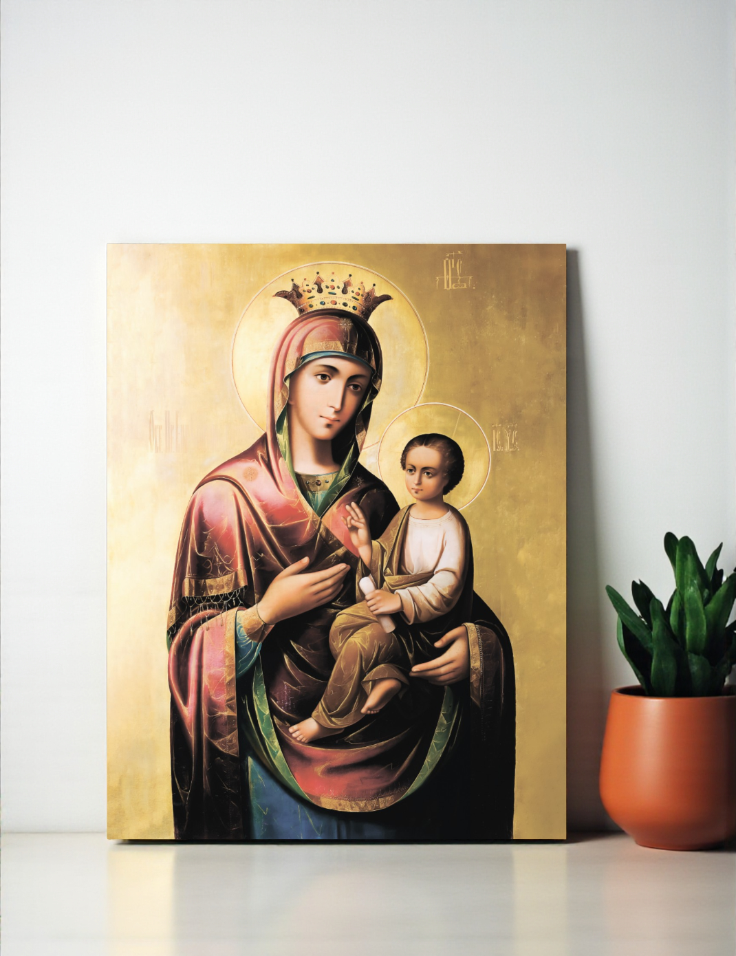Orthodox Christian icon Virgin Mary and Jesus printed on wood panel