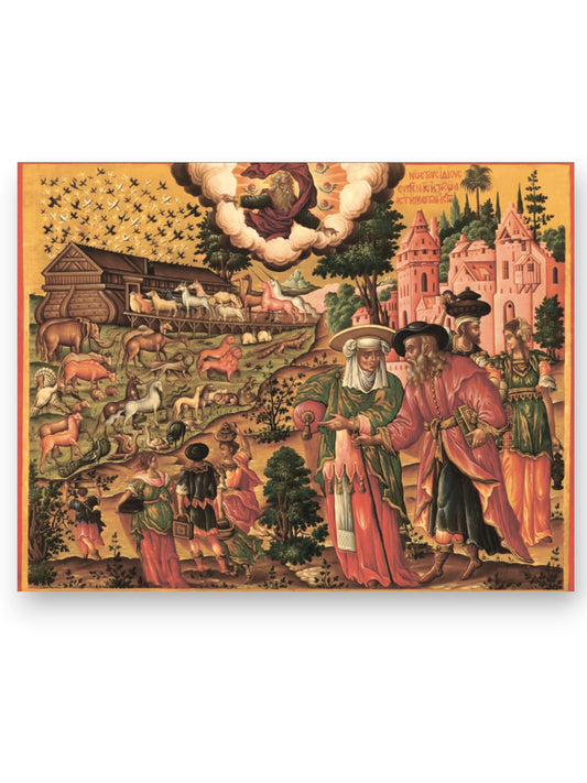 Religious icon of Noah guiding animals into the Ark, Greek 17th-century style