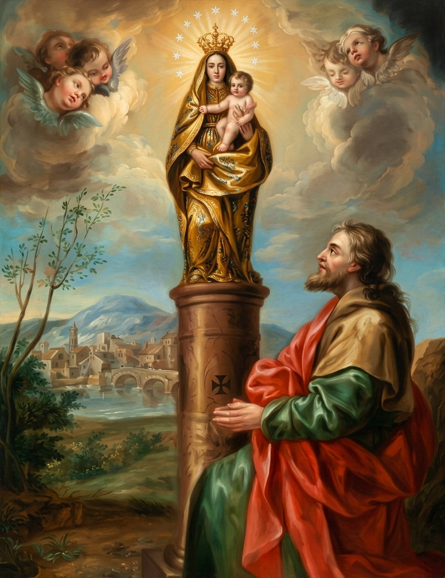 Icon of Nossa Senhora do Pilar (Our Lady of the Pillar)

This painting depicts Saint James the Greater (Santiago), kneeling in prayer beneath a marble pillar upon which the Virgin Mary appears, crowned and radiant, holding the Christ Child in her arms, surrounded by a chorus of angels in the heavens above.