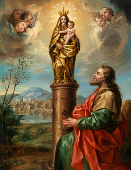 Icon of Nossa Senhora do Pilar (Our Lady of the Pillar)

This painting depicts Saint James the Greater (Santiago), kneeling in prayer beneath a marble pillar upon which the Virgin Mary appears, crowned and radiant, holding the Christ Child in her arms, surrounded by a chorus of angels in the heavens above.