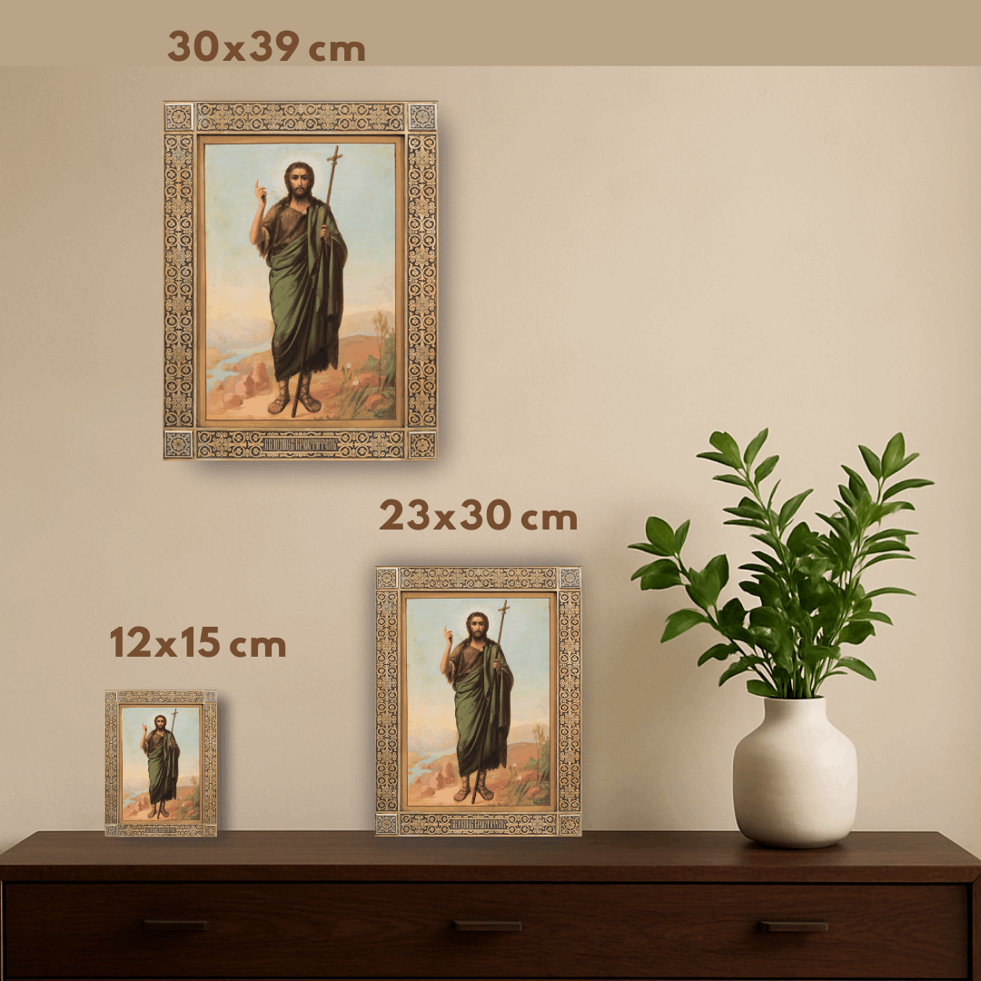 Religious artwork depicting Saint John the Baptist with cross staff