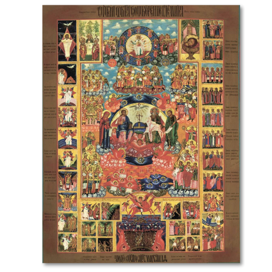 Orthodox Icon of the Creation of the World Featuring the Holy Trinity, Angels and Saints