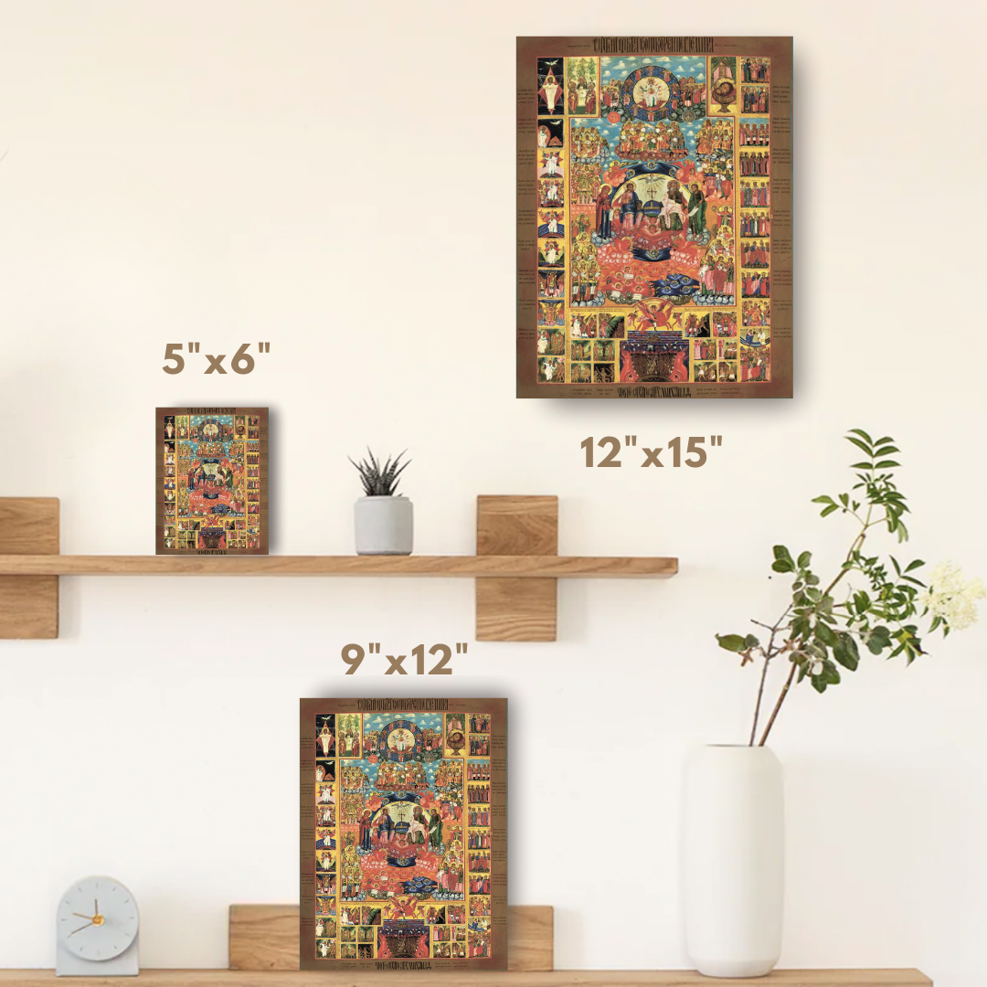Orthodox Icon of the Creation of the World Featuring the Holy Trinity, Angels and Saints