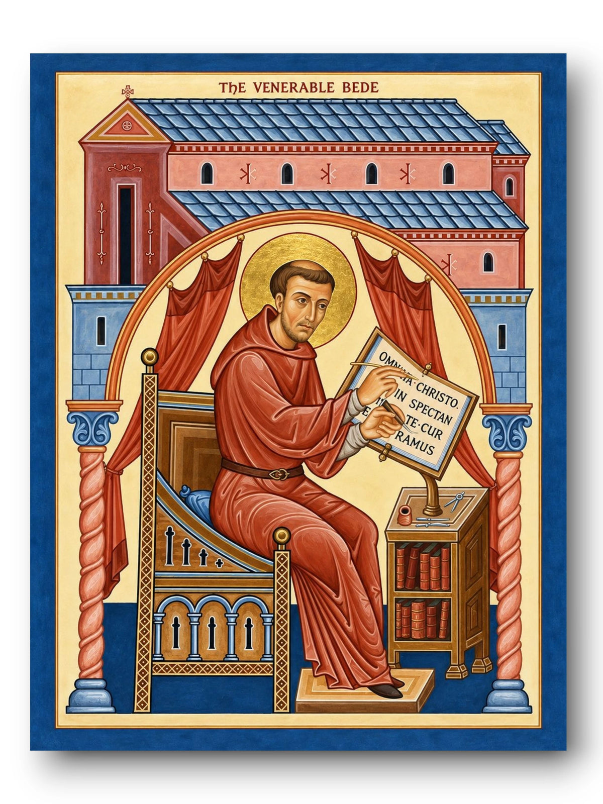 Saint Bede of Jarrow Orthodox icon with quill and manuscript