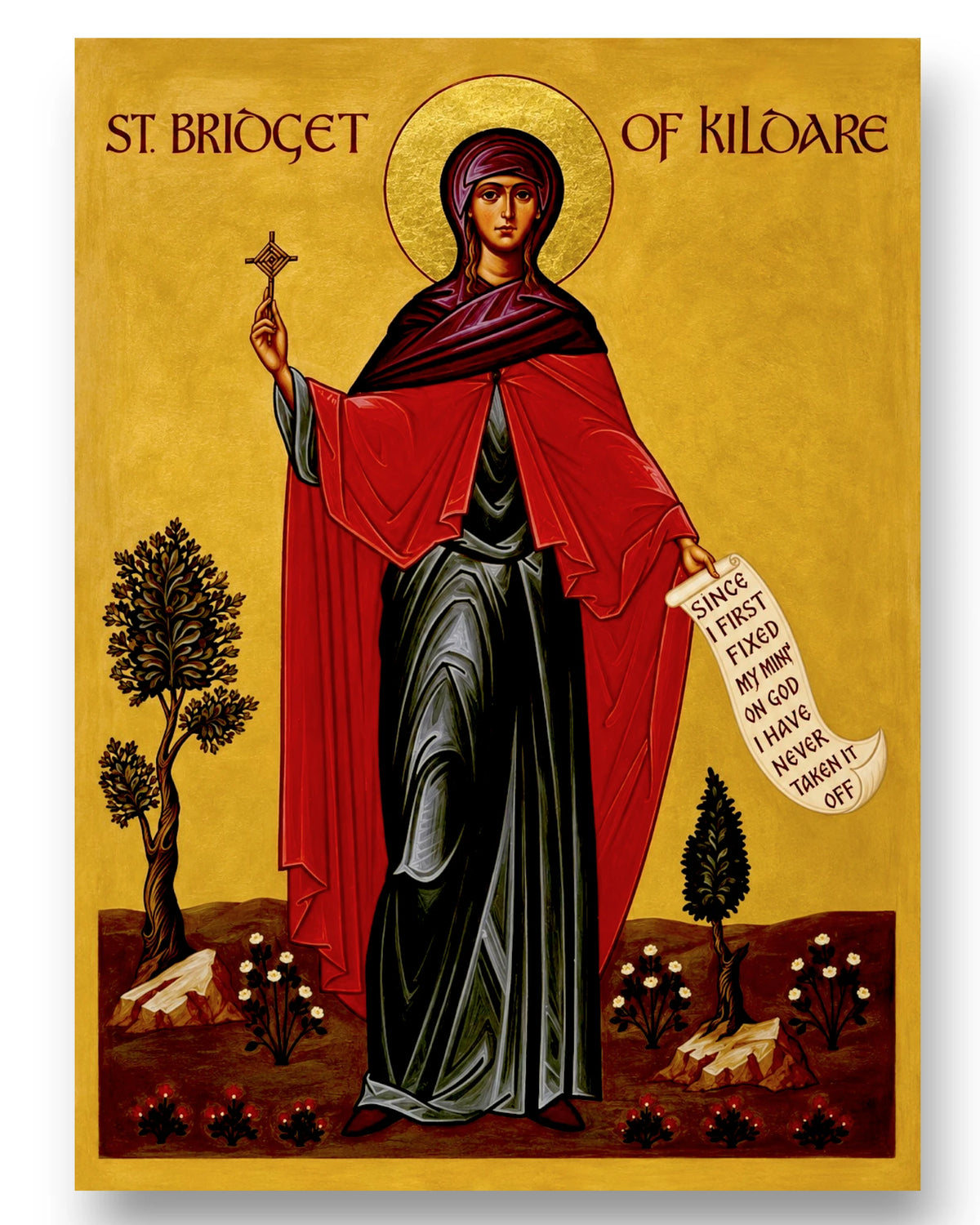 Saint Brigid of Kildare Orthodox icon with St Brigid's Cross and scroll