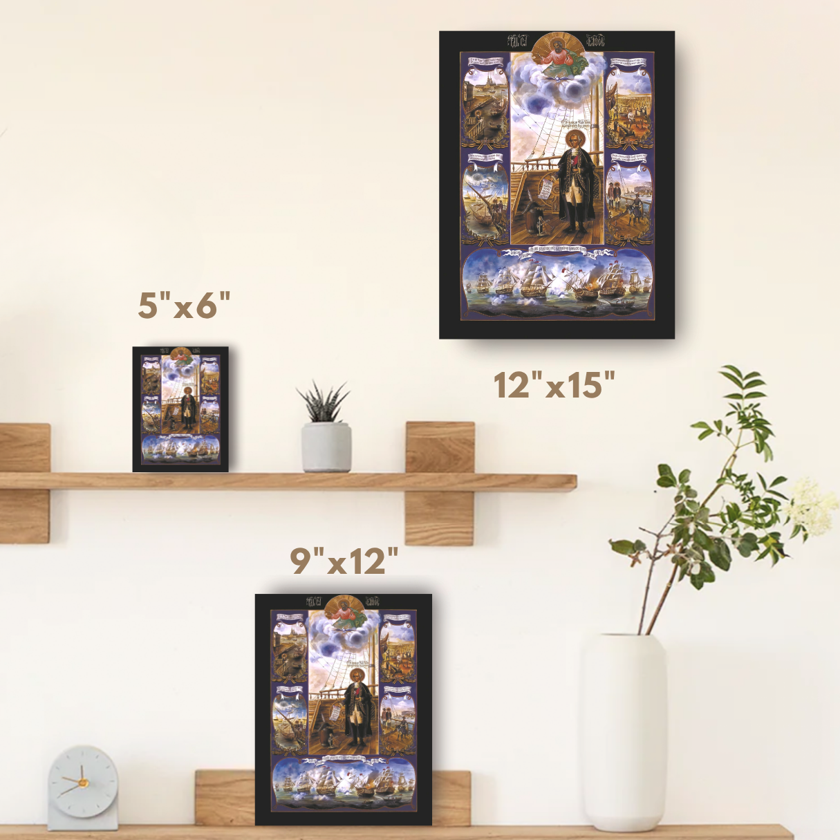 A gift for sailors: an icon of Saint Admiral Feodor Ushakov against a backdrop of ships.