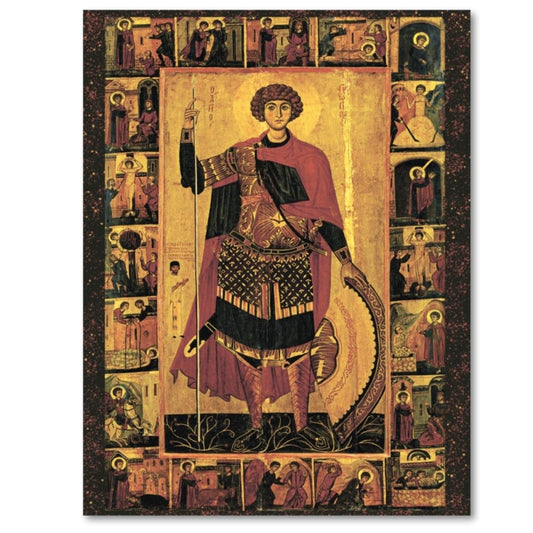 Orthodox icon of Saint George the Victorious with border scenes of his life, 13th century Sinai style