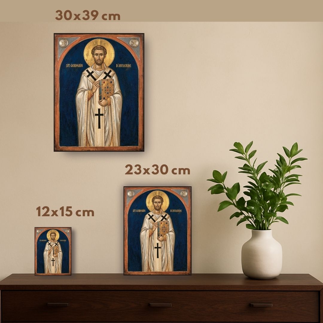 Religious artwork of bishop saint fighting Pelagian heresy
Byzantine style icon of Saint Germanus holding Gospel book