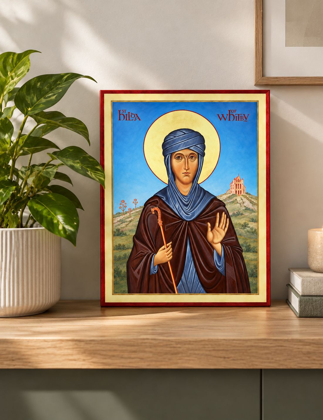 Saint Hilda icon with Whitby monastery in the background early English Orthodox saint icon