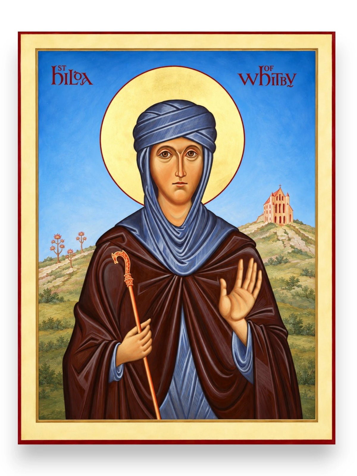 Saint Hilda of Whitby Orthodox icon holding abbess staff with monastery landscape