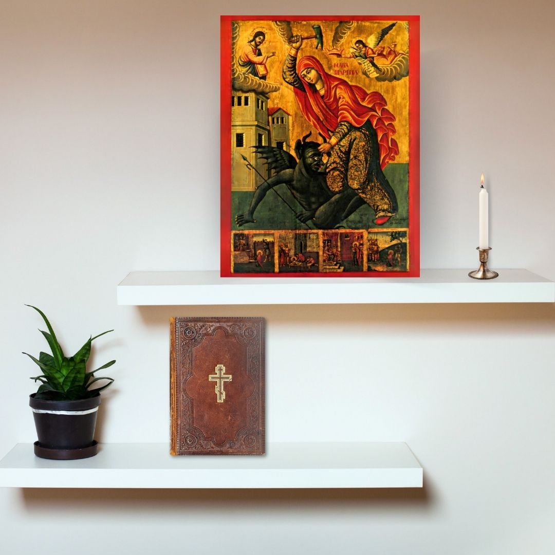 Saint Marina (Margaret) of Antioch "beating the devil", holy great martyr. Wooden orthodox Icon