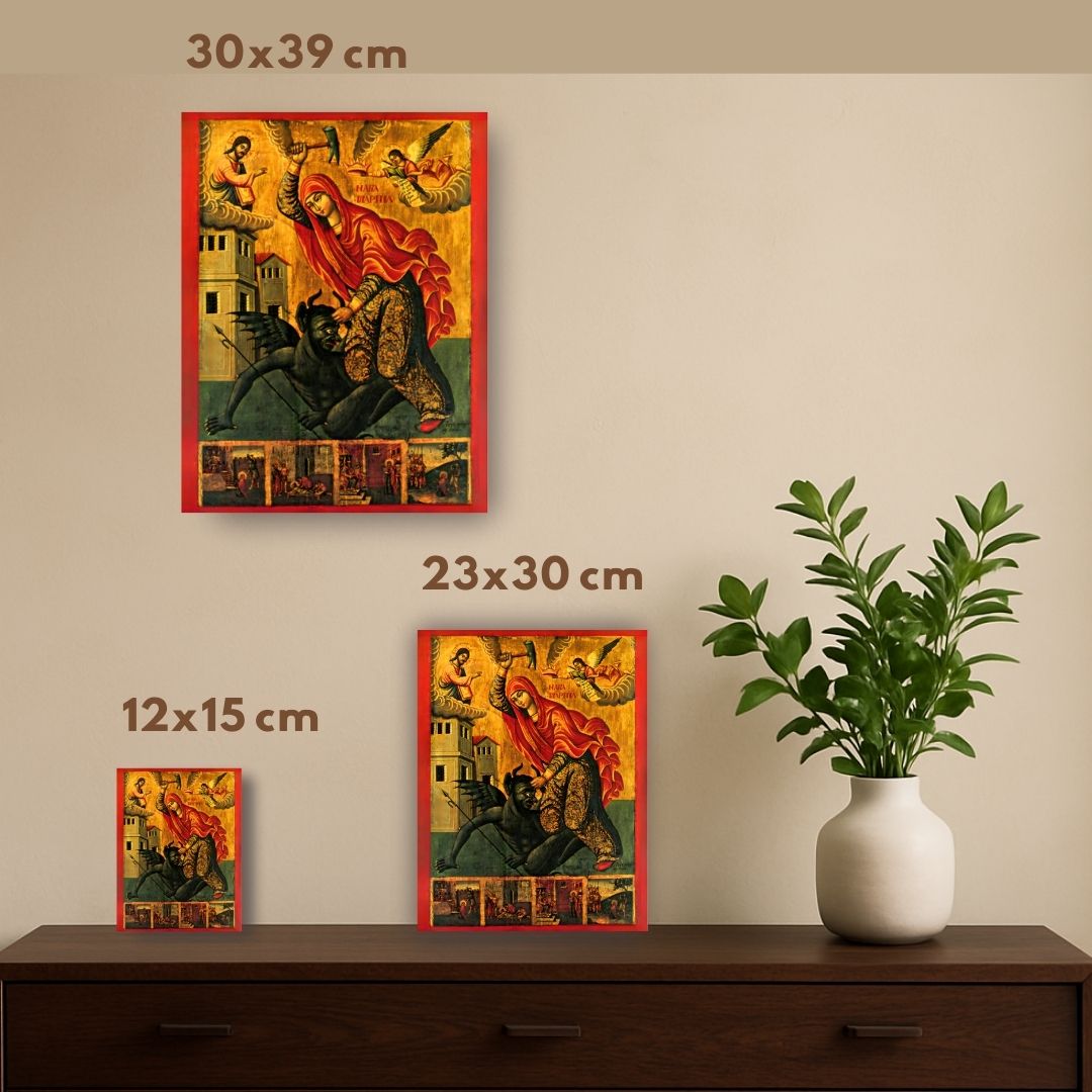 Saint Marina (Margaret) of Antioch "beating the devil", holy great martyr. Wooden orthodox Icon