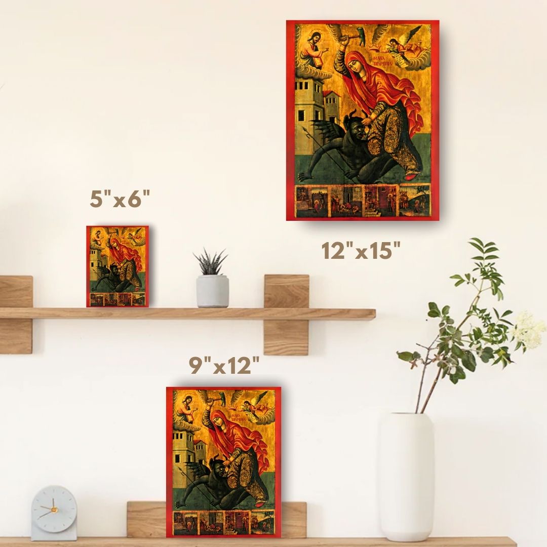 Saint Marina (Margaret) of Antioch "beating the devil", holy great martyr. Wooden orthodox Icon