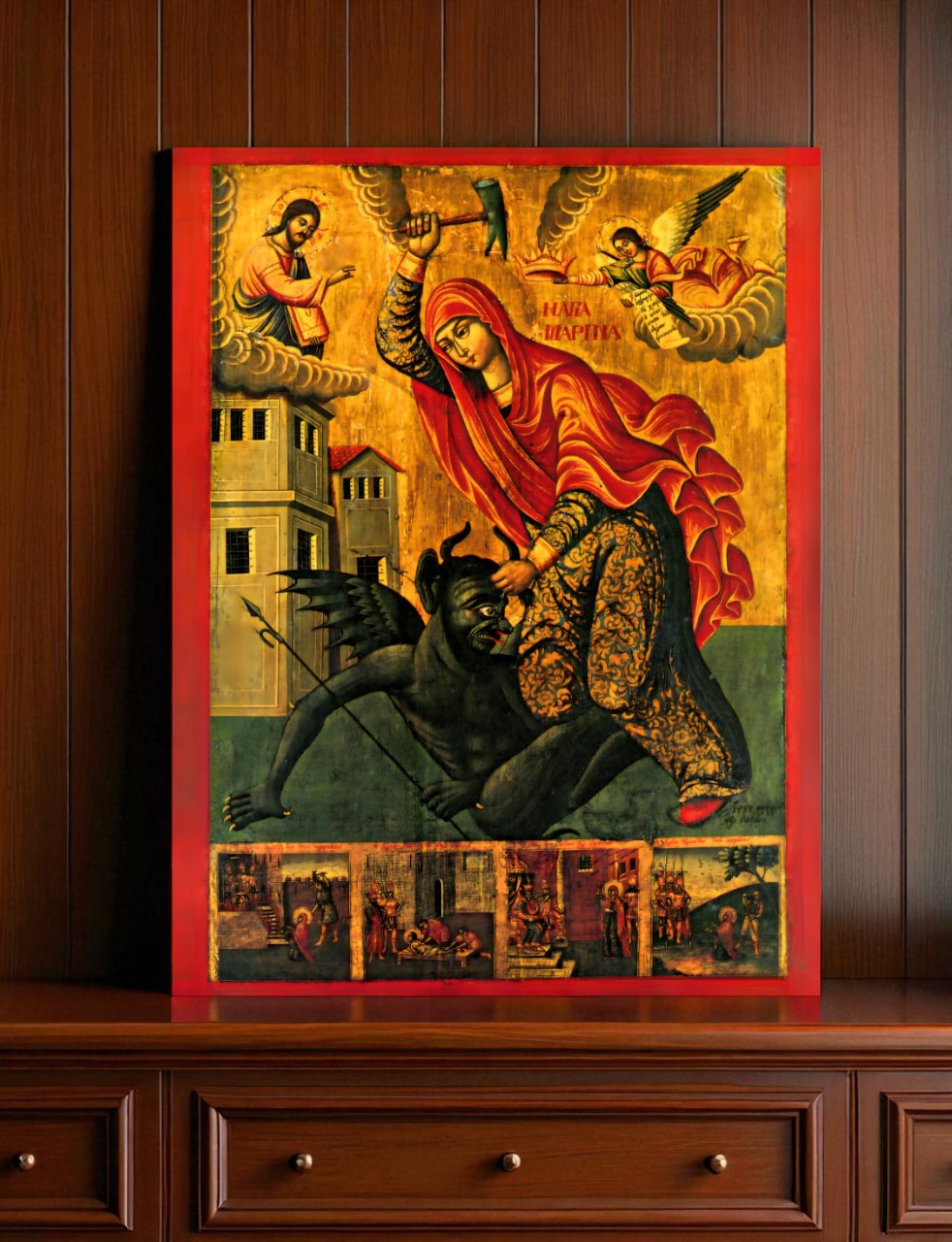 Saint Marina (Margaret) of Antioch "beating the devil", holy great martyr. Wooden orthodox Icon
