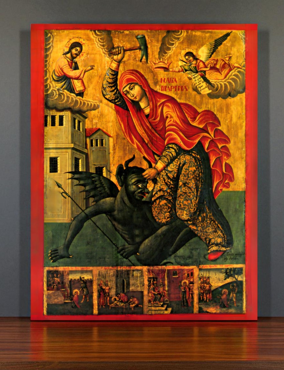 Saint Marina (Margaret) of Antioch "beating the devil", holy great martyr. Wooden orthodox Icon