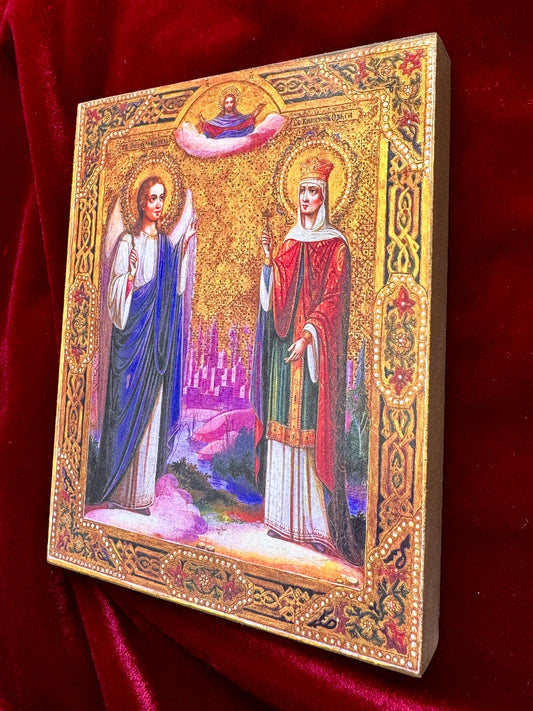 Orthodox icon depicting Blessed Great Princess Olga of Kiev in royal robes and Guardian Angel