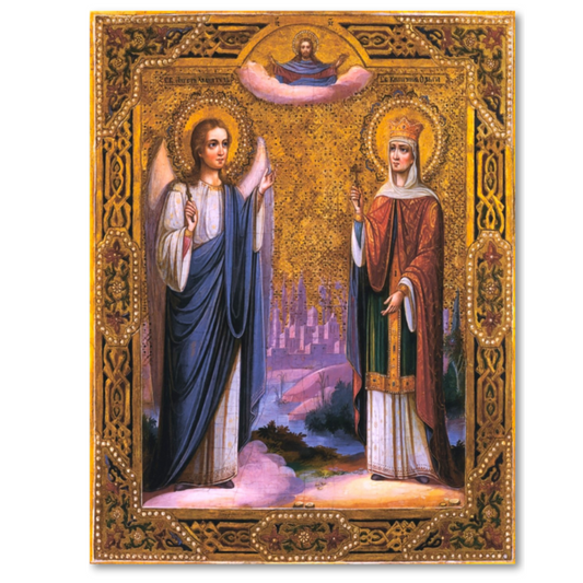 Orthodox icon of Saint Equal-to-the-Apostles Princess Olga of Kiev holding a cross, with Guardian Angel