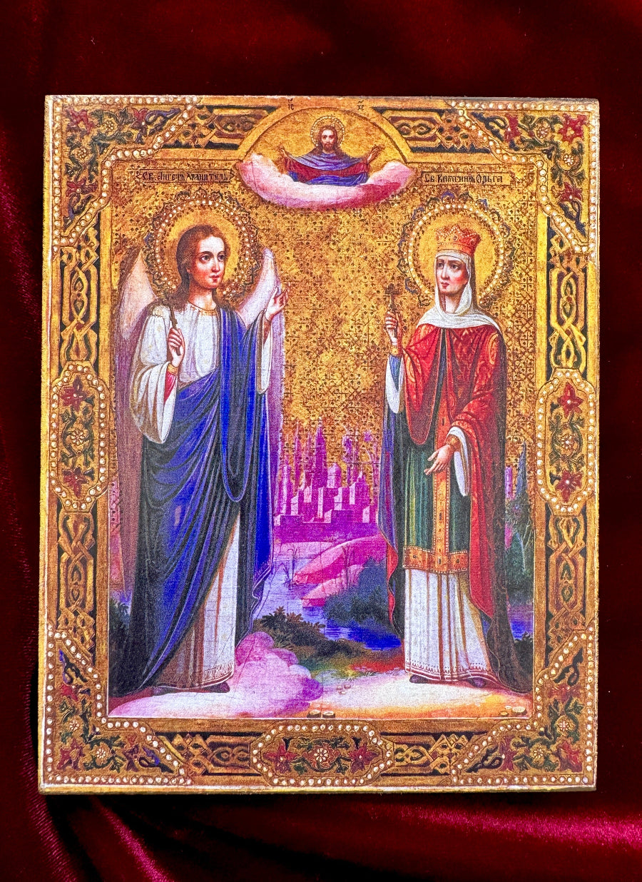 Saint Olga of Kiev icon with nimbus halo and cross, flanked by Guardian Angel, Slavic Orthodox iconographic style