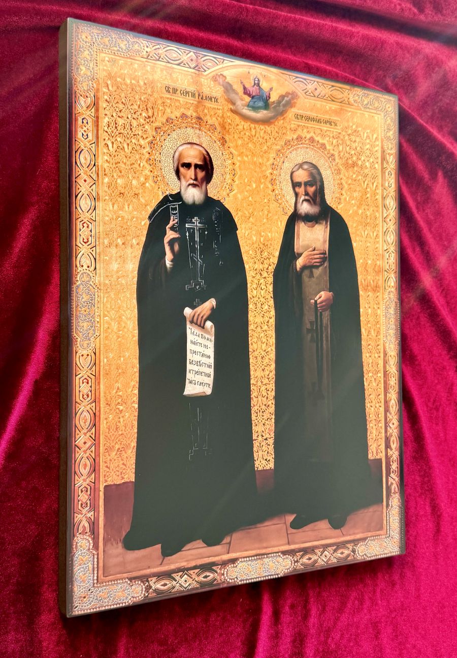 Wooden Orthodox icon of Saint Sergius of Radonezh and Saint Seraphim of Sarov