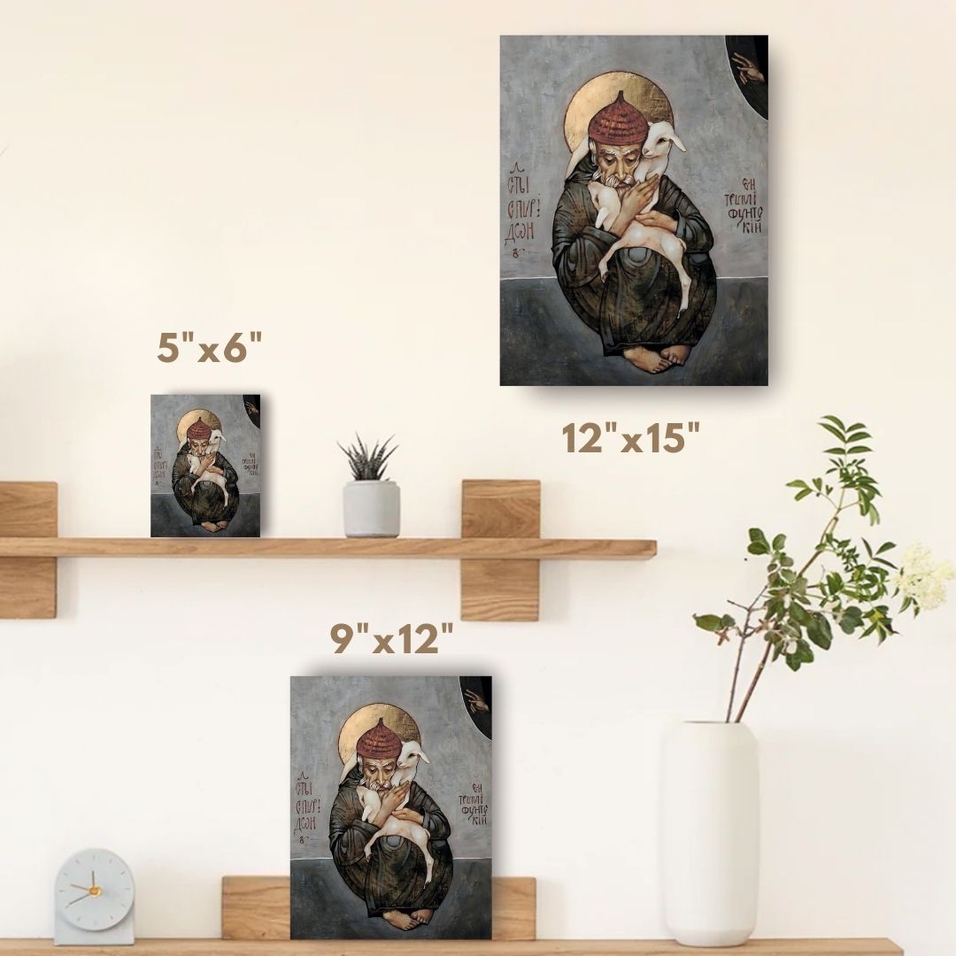 Handcrafted Orthodox icon of Saint Spyridon with flock, bishop of Trimifunt.