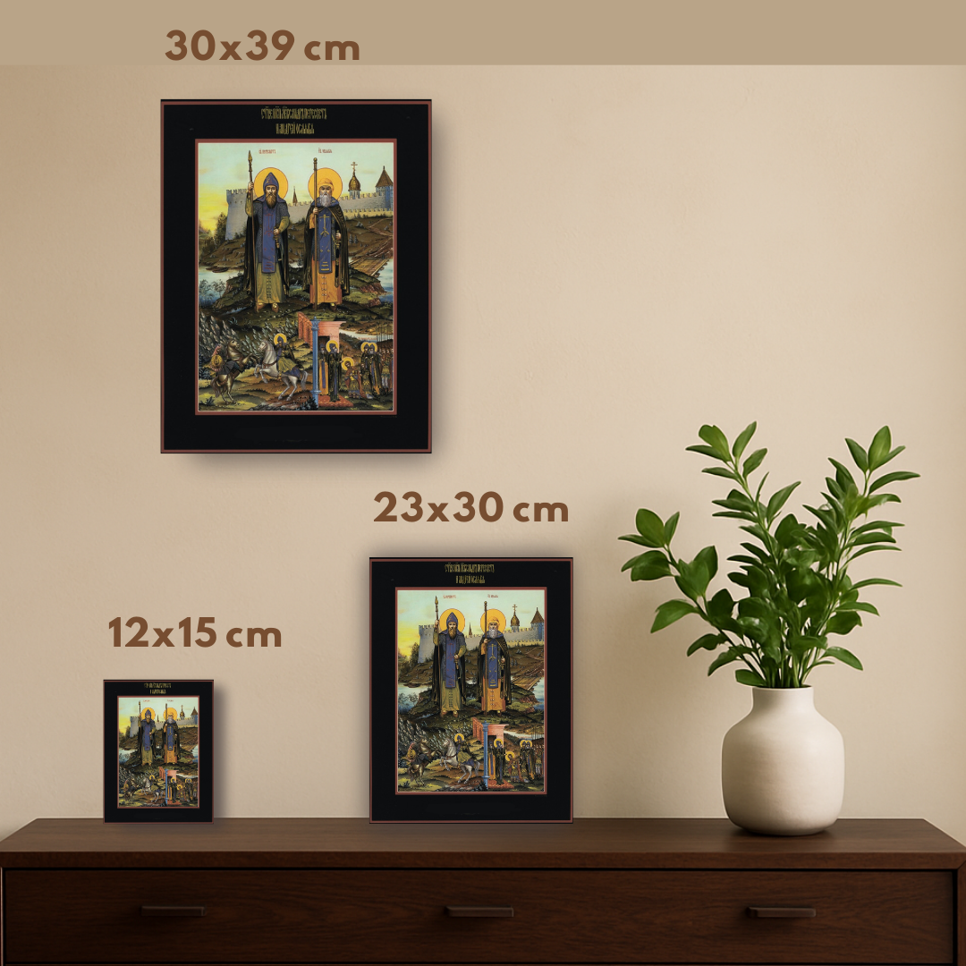 This icon portrays the holy warrior-monks Alexander Peresvet and Andrei Oslyabya, spiritual sons of Sergius of Radonezh, who blessed them before the historic Battle of Kulikovo in 1380.