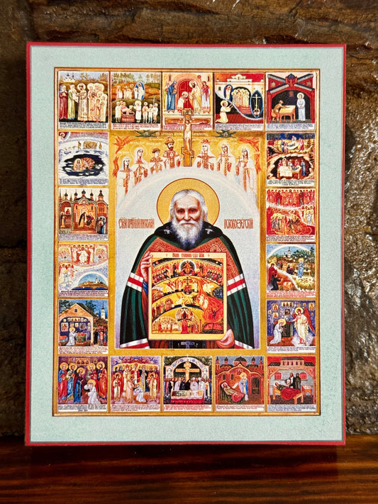 Sacred icon showing Russian Orthodox elder known for compassion and prayer.
Hagiographic Orthodox icon with scenes from the life of Nicholas Guryanov.